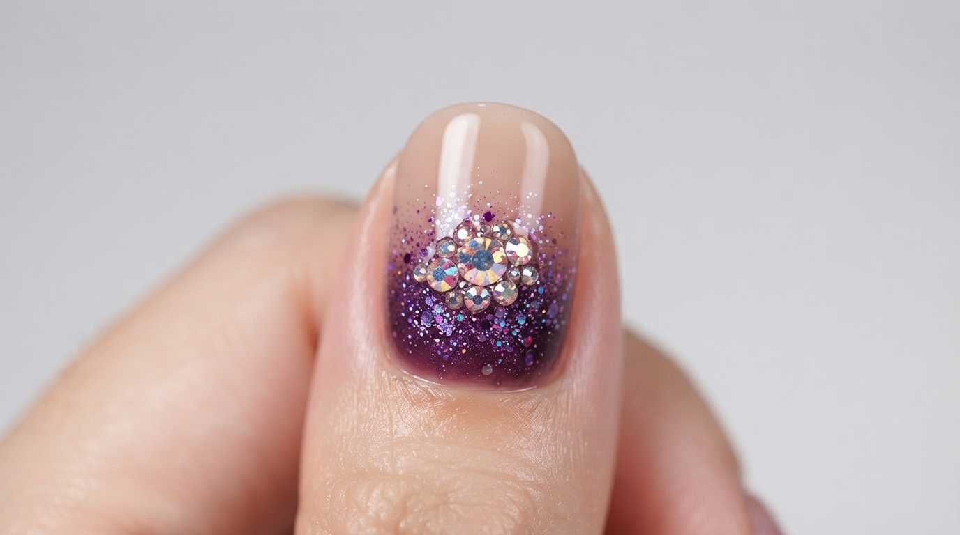 Purple Glitter Gradient with Aurora Rhinestones — Winter Gel Nail Tutorial