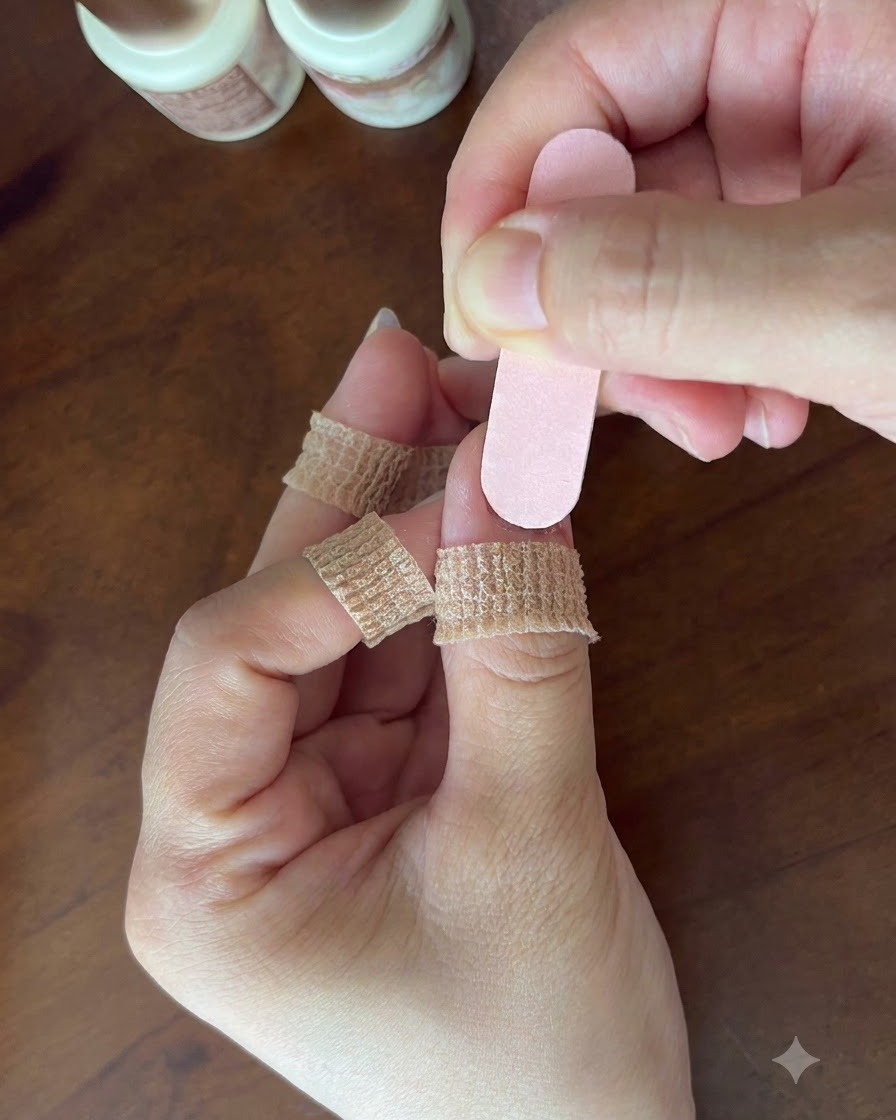 A hand gently holding a pink nail file across the surface of a natural fingernail.