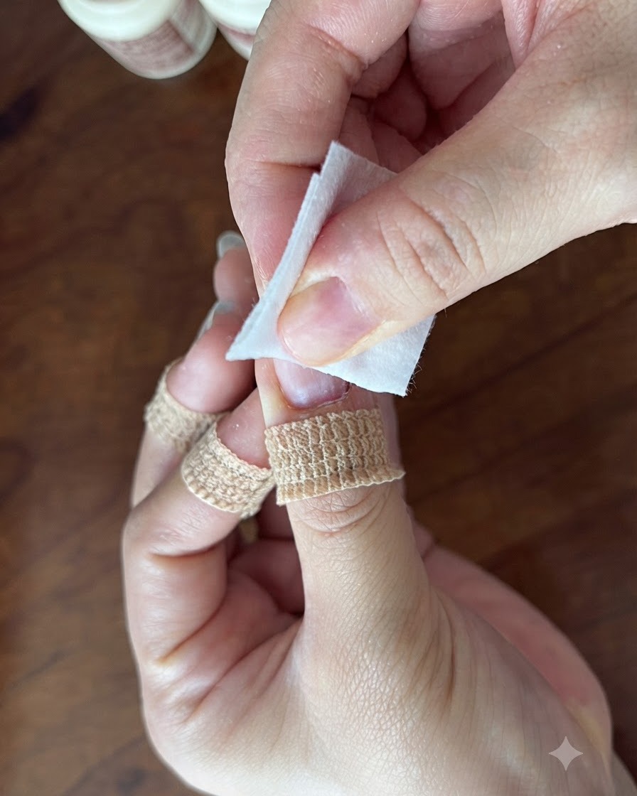 A cotton wipe containing alcohol cleaning the surface of a prepared fingernail.