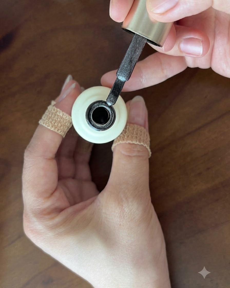 A brush holding a small amount of shimmering silver-grey cat eye gel above an open bottle.
