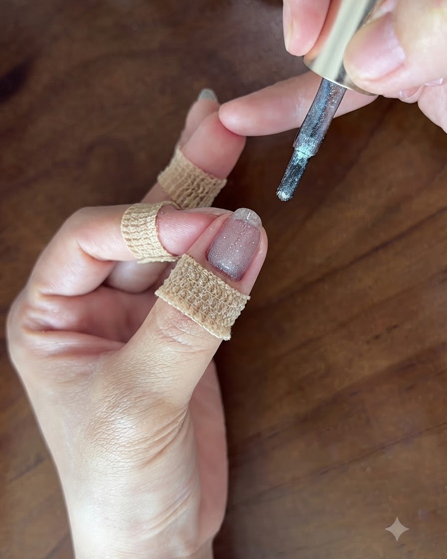 A magnetic tool positioned close to a sparkling wet gel nail to create a shimmery cat eye pattern.