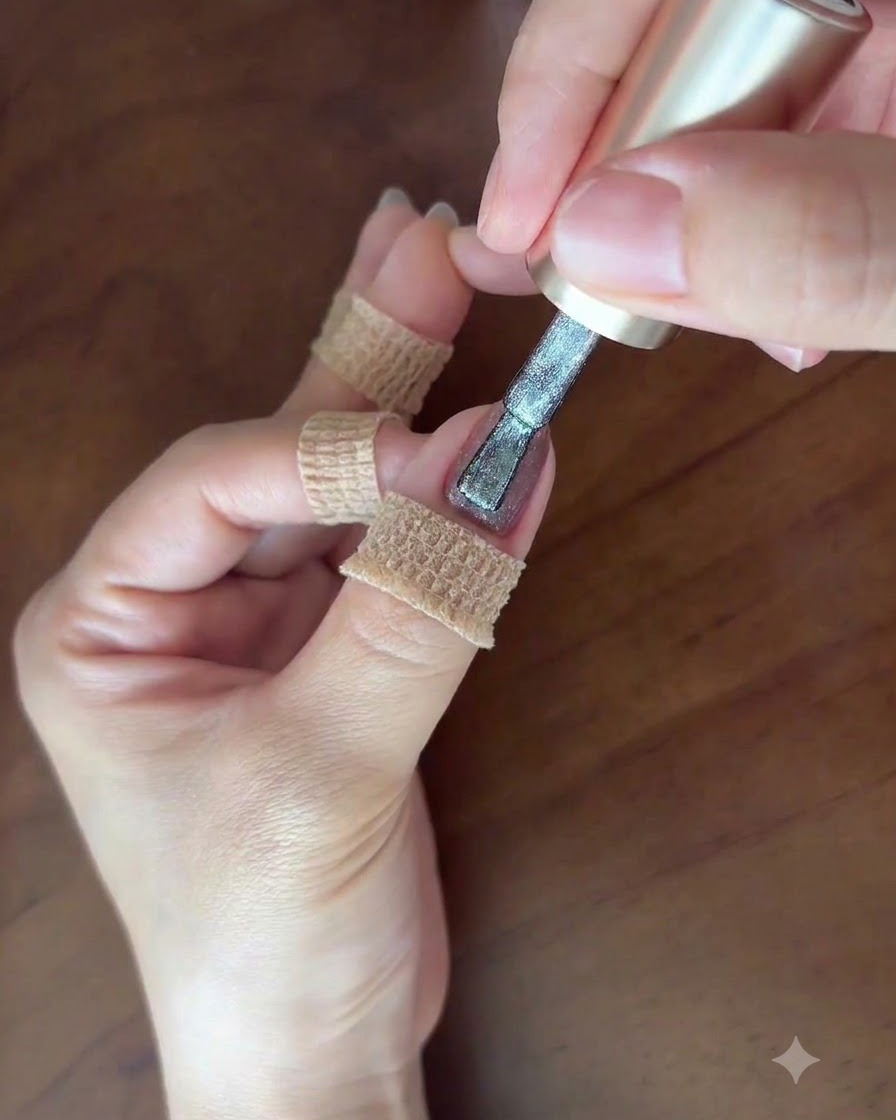 A brush carefully applying a second thin layer of silver-grey cat eye gel onto the fingernail.