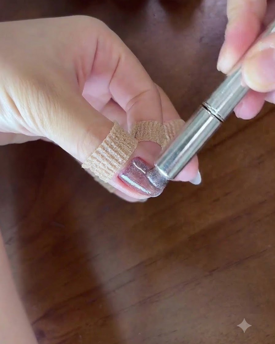 A close-up of a hand holding a cylindrical magnetic tool directly over a nail painted with wet purple cat-eye gel to create a shimmer flash.