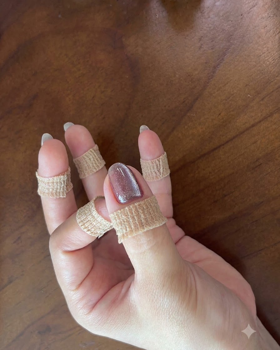 A close-up of a resting hand showcasing a completed, shiny purple cat-eye gel nail.