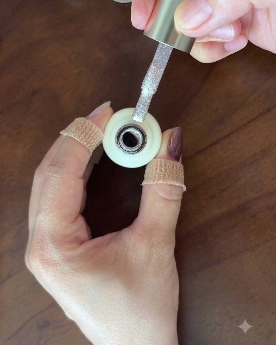 A nail polish brush holding shell-pink cat eye gel over a fingernail.