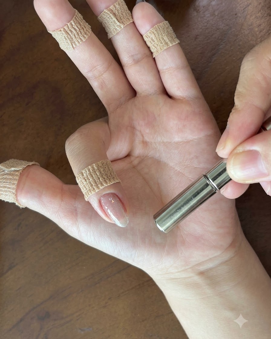 A cylindrical magnet being hovered over a nail with wet light pink polish to create a glass-ball effect.