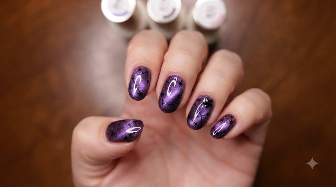 Purple Starlight Star and Moon Cat Eye Gel Nail Art — Step-by-Step Tutorial