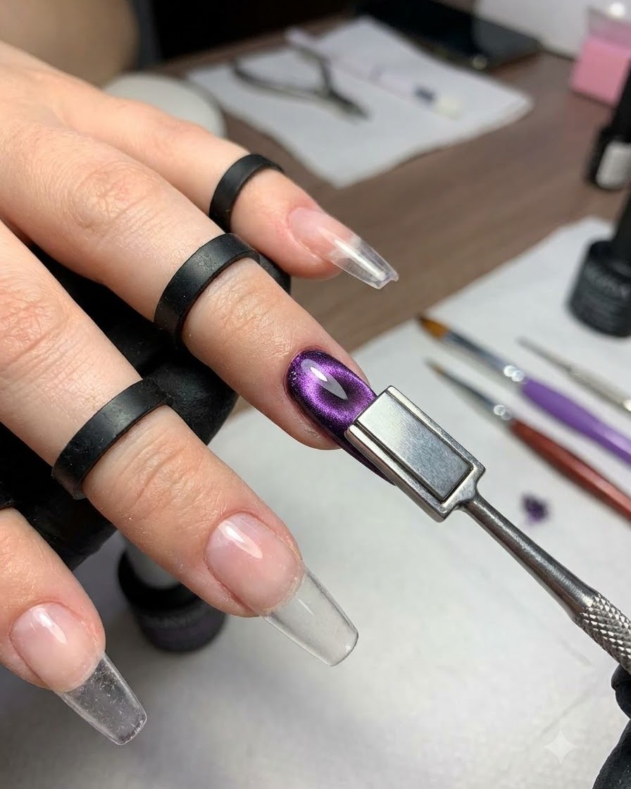 A metal tool with a magnet held closely over a purple cat-eye gel nail to create a shimmery streak reflection.
