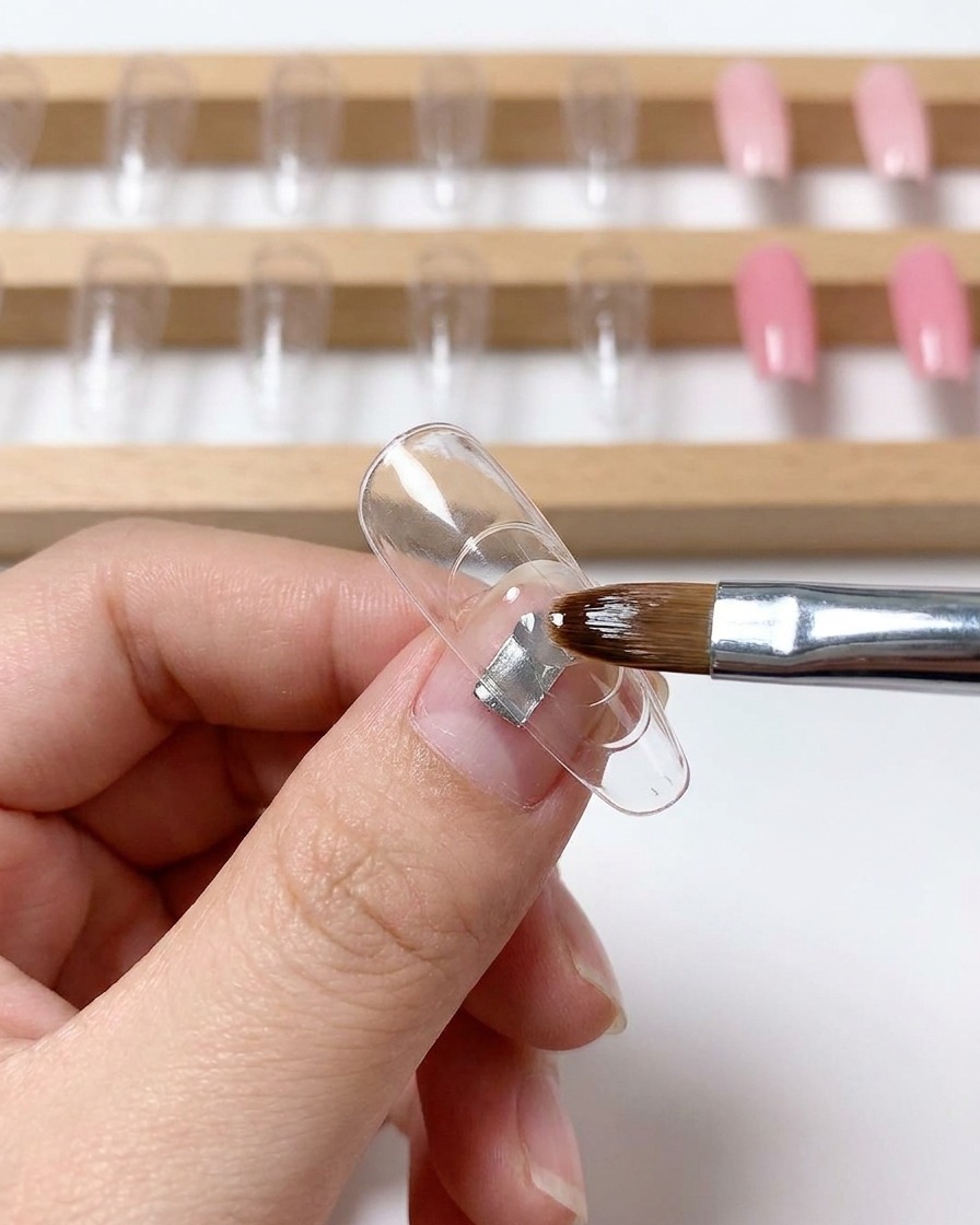 A brush and fingers pressing a piece of clear plastic wrap onto the wet gel surface inside a nail tip.