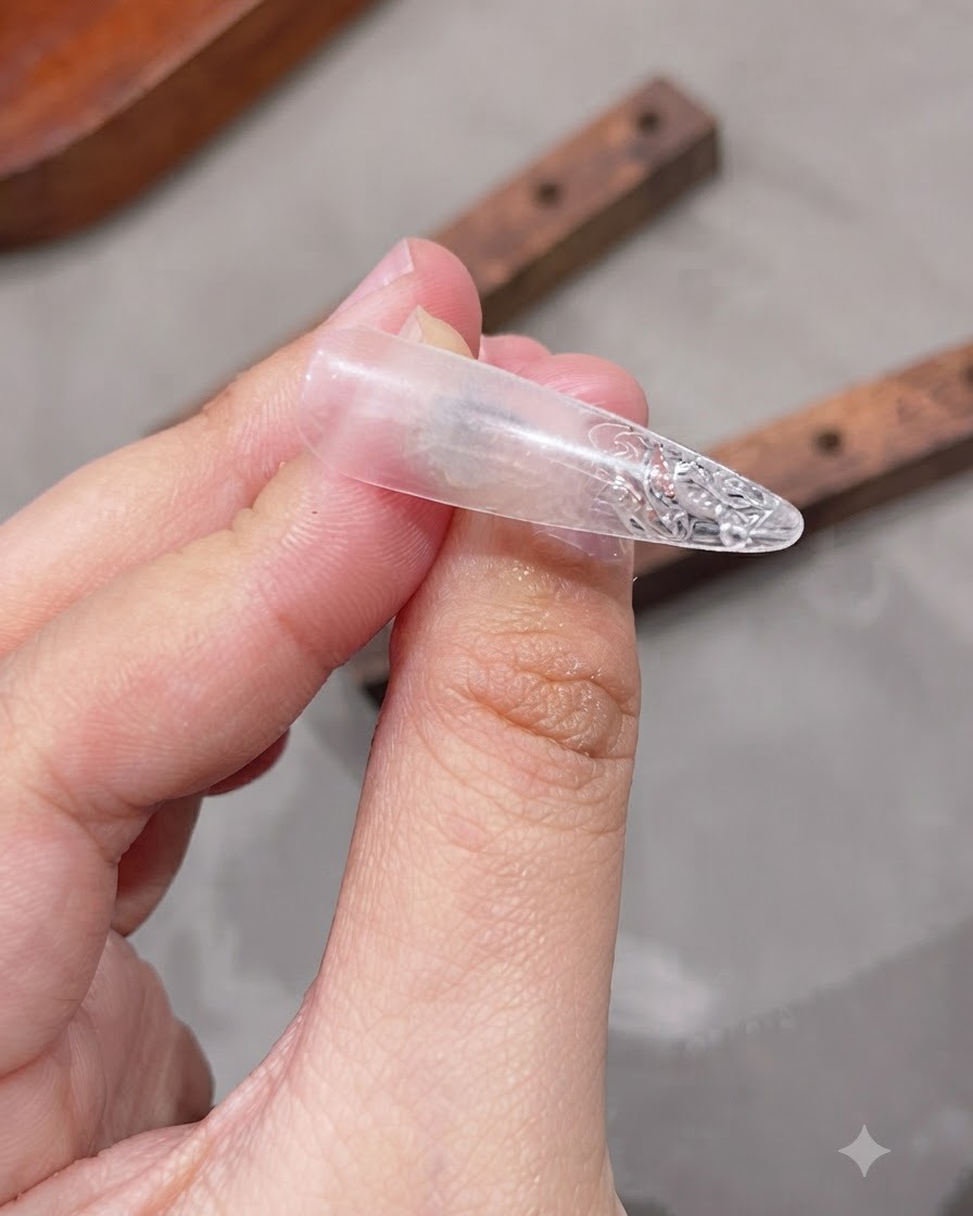 A close-up of a hand holding a clean, textured clear nail tip showing the finished ice crack effect.
