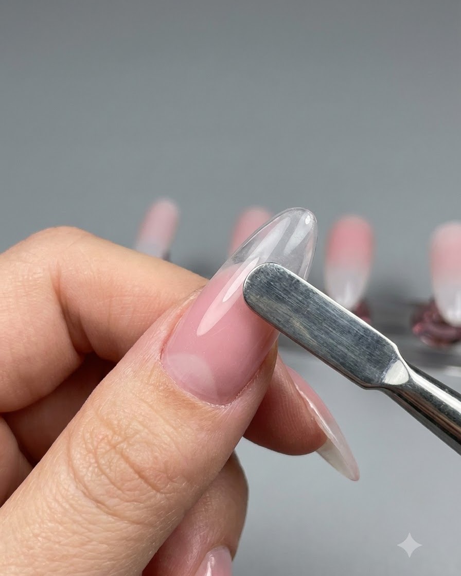A metal tool smoothing a pink nude gel gradient across the surface of an almond-shaped nail tip.