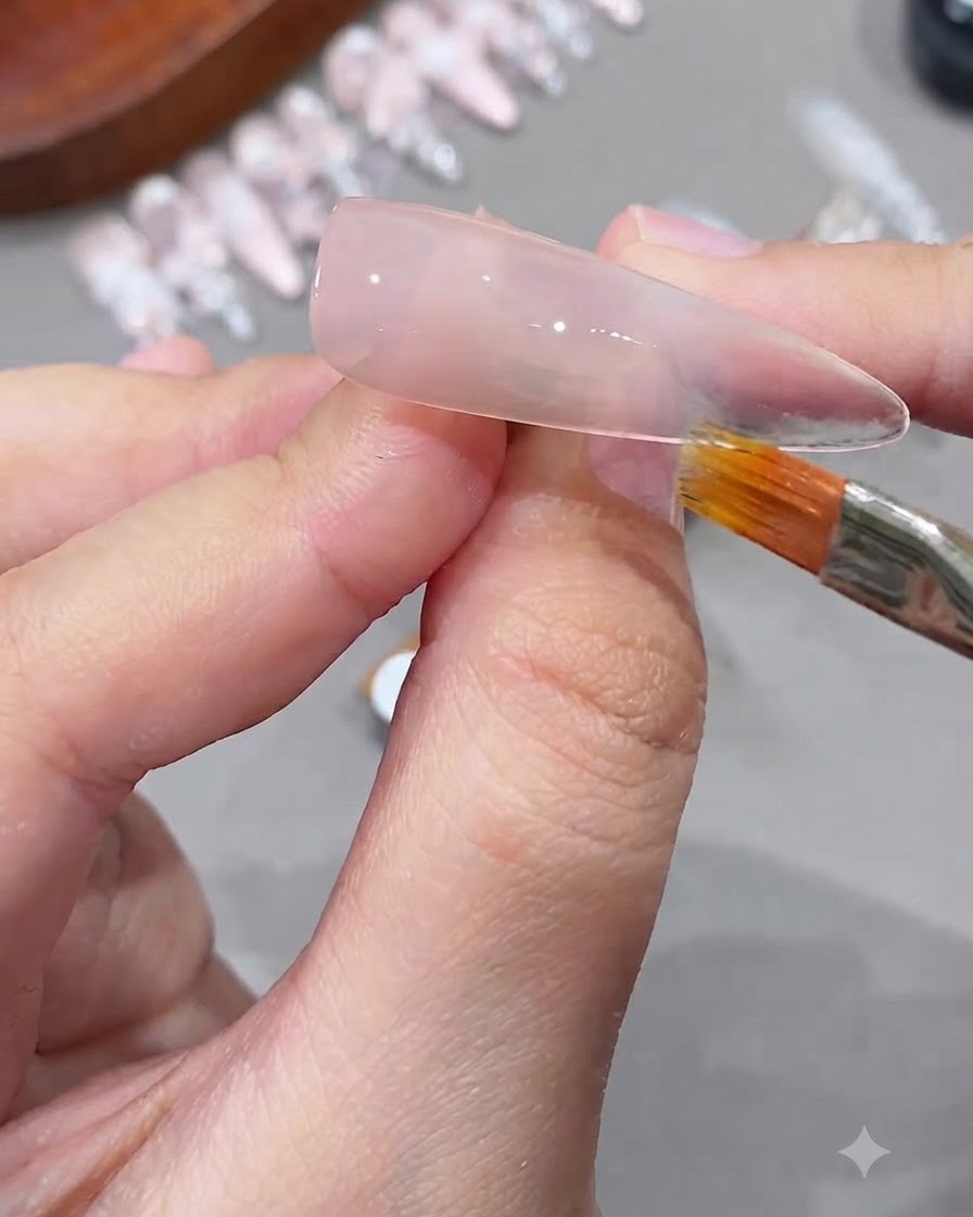 A close-up of a hand using a nail art brush to blend pink gel polish forward on a clear nail tip.