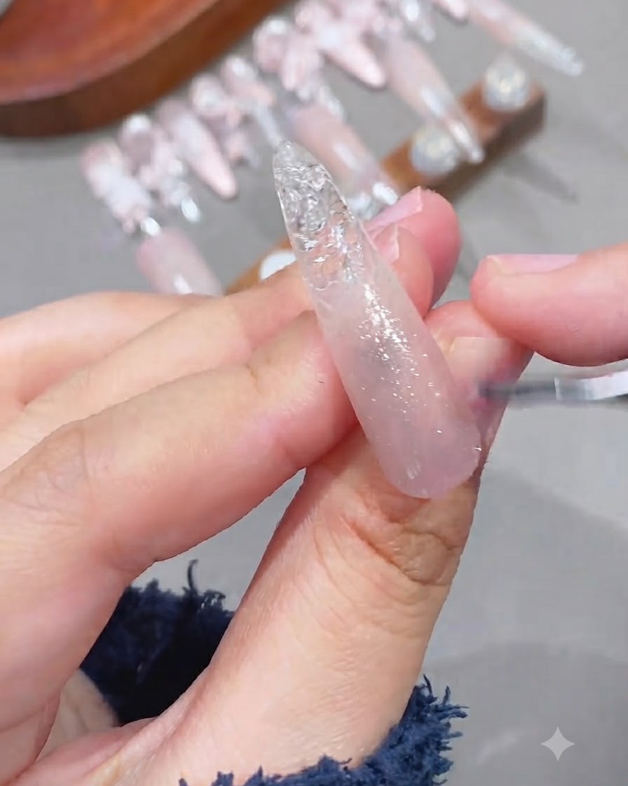 A close-up of a brush applying shimmery cat-eye gel over a pink gradient nail base.