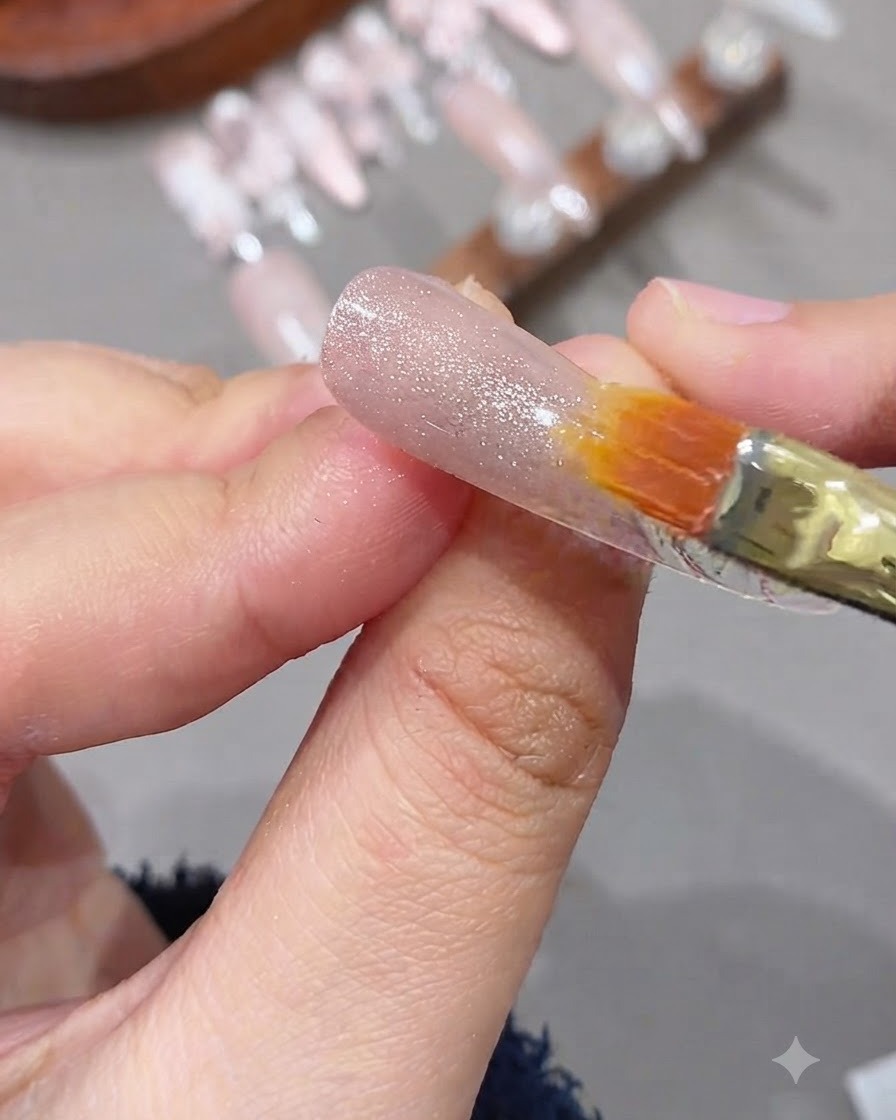 A small nail magnet hovering closely over a cat-eye gel painted fingernail to concentrate the shimmering line of light.