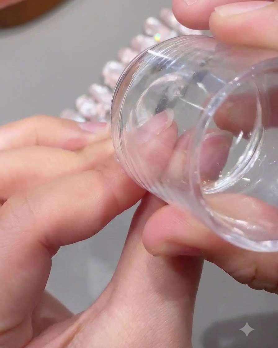 A clear silicone stamper pressing down onto an extended nail tip to transfer a white lace design.