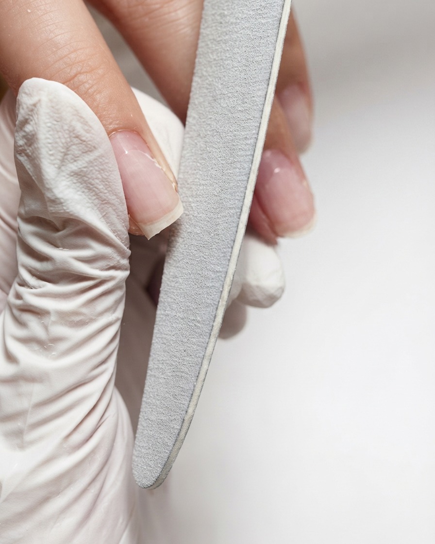 A hand holding a grey hand nail file shaping and refining the free edge of a natural fingernail.