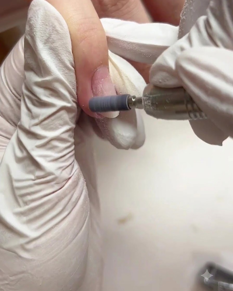 An electric nail file with a sanding band bit working on the surface of a prepped natural nail.
