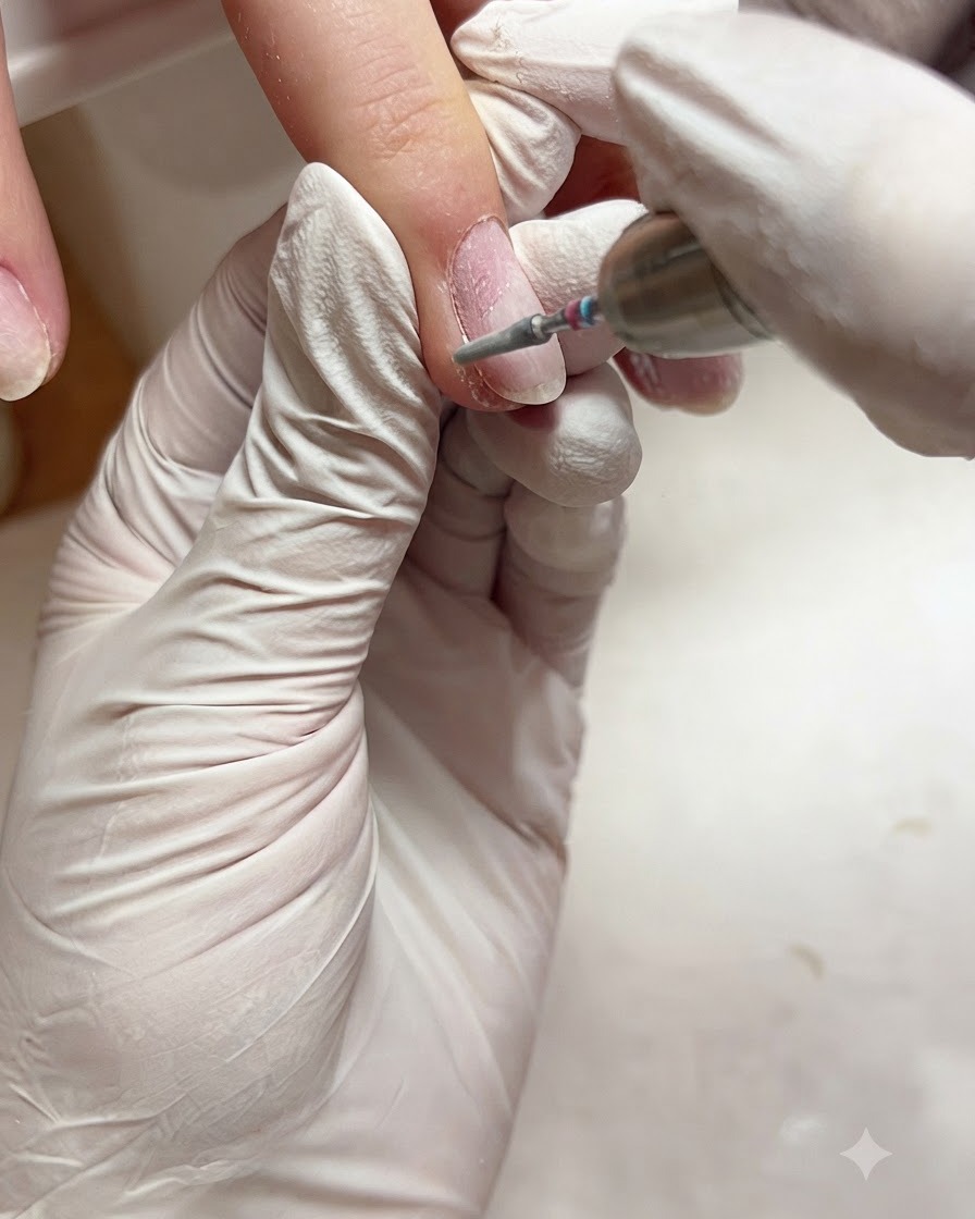A ceramic flame bit attached to an electric file cleaning up the cuticle zone of a fingernail.