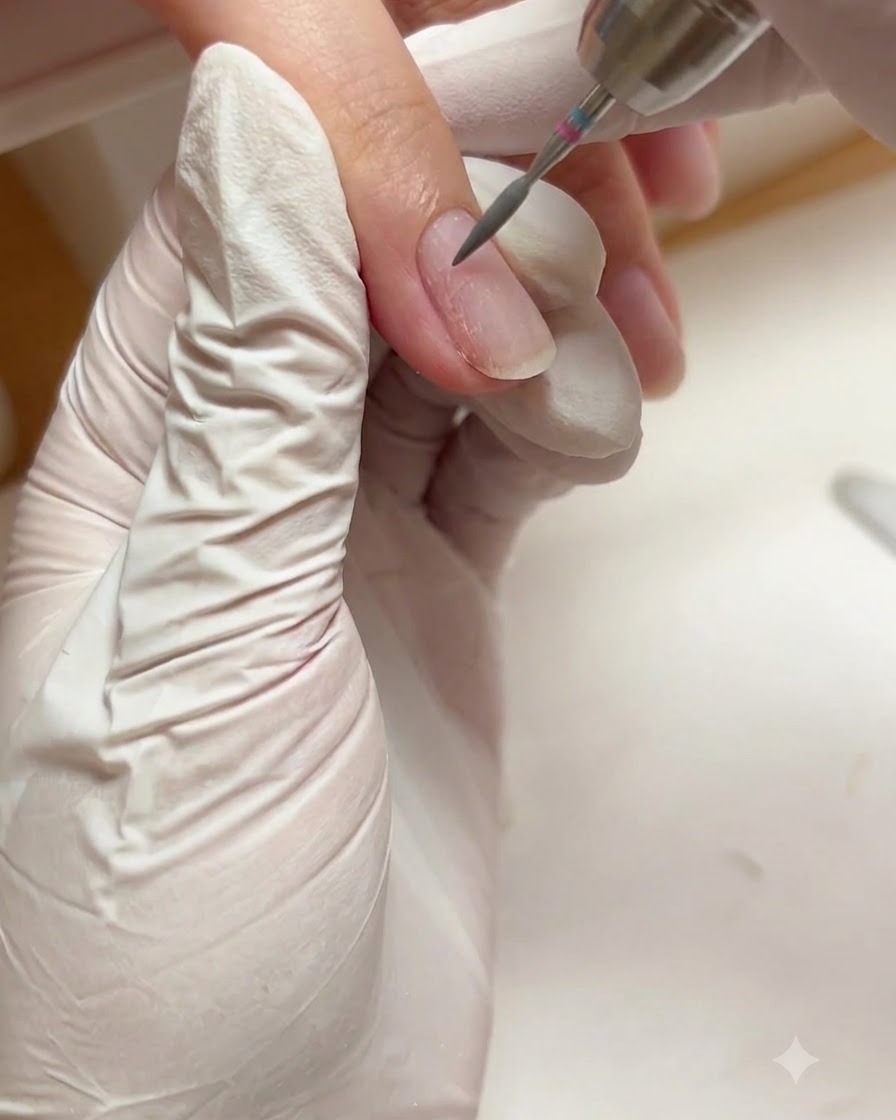 An electric file with an R-bit performing a wet treatment along the right side wall of a fingernail.