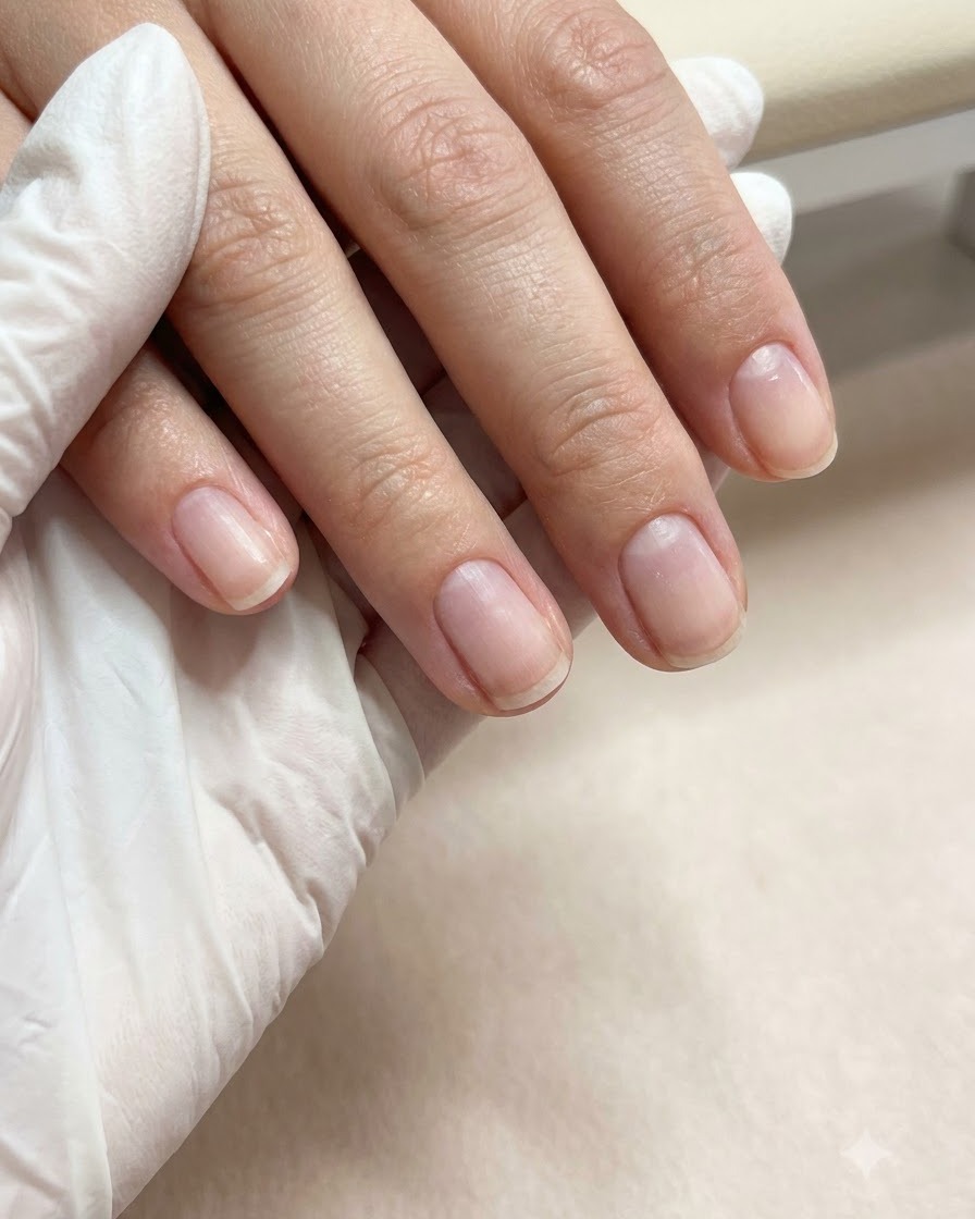 A close-up shot of a hand with neatly prepped nails resting under a small portable UV/LED curing lamp.