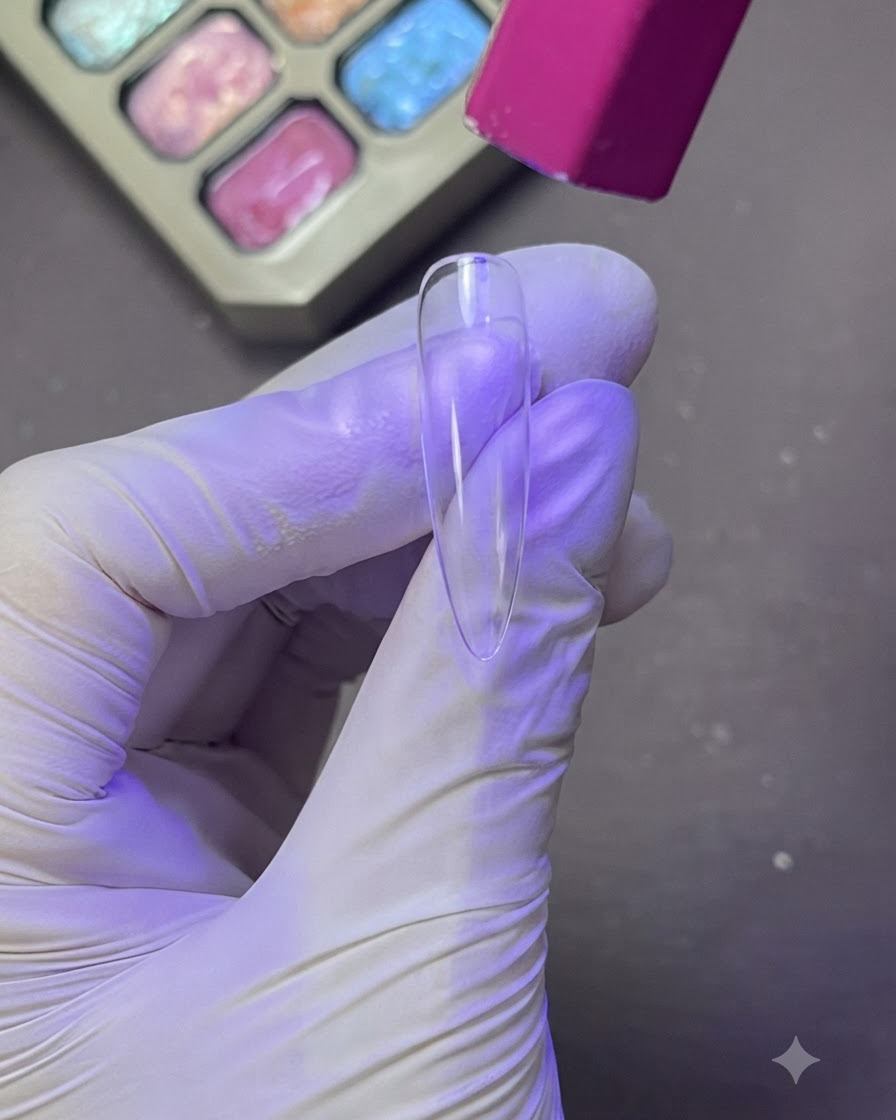A transparent nail tip being cured underneath a purple-hued UV/LED lamp held by a gloved hand.