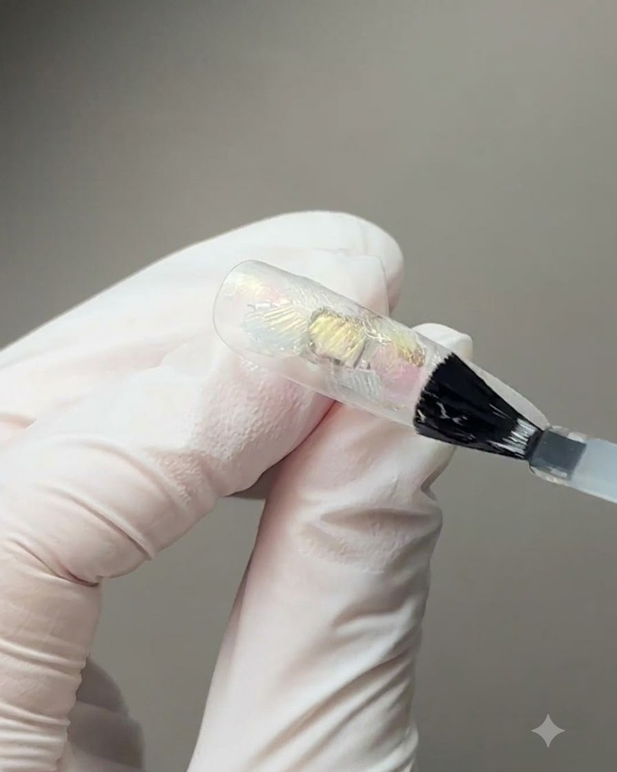 A brush applying base gel to a clear nail tip embedded with several iridescent shell fragments.
