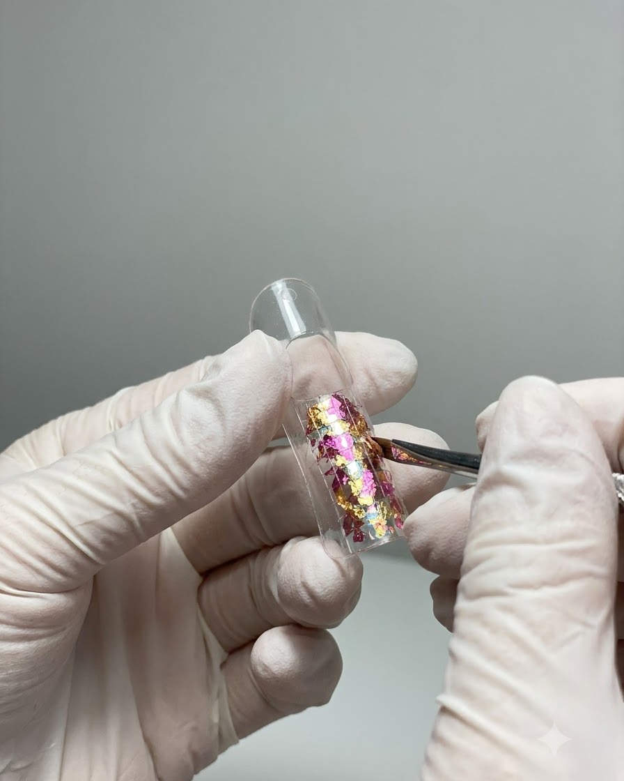 A fine brush applying colored gel between embedded shell flakes on a clear nail tip.