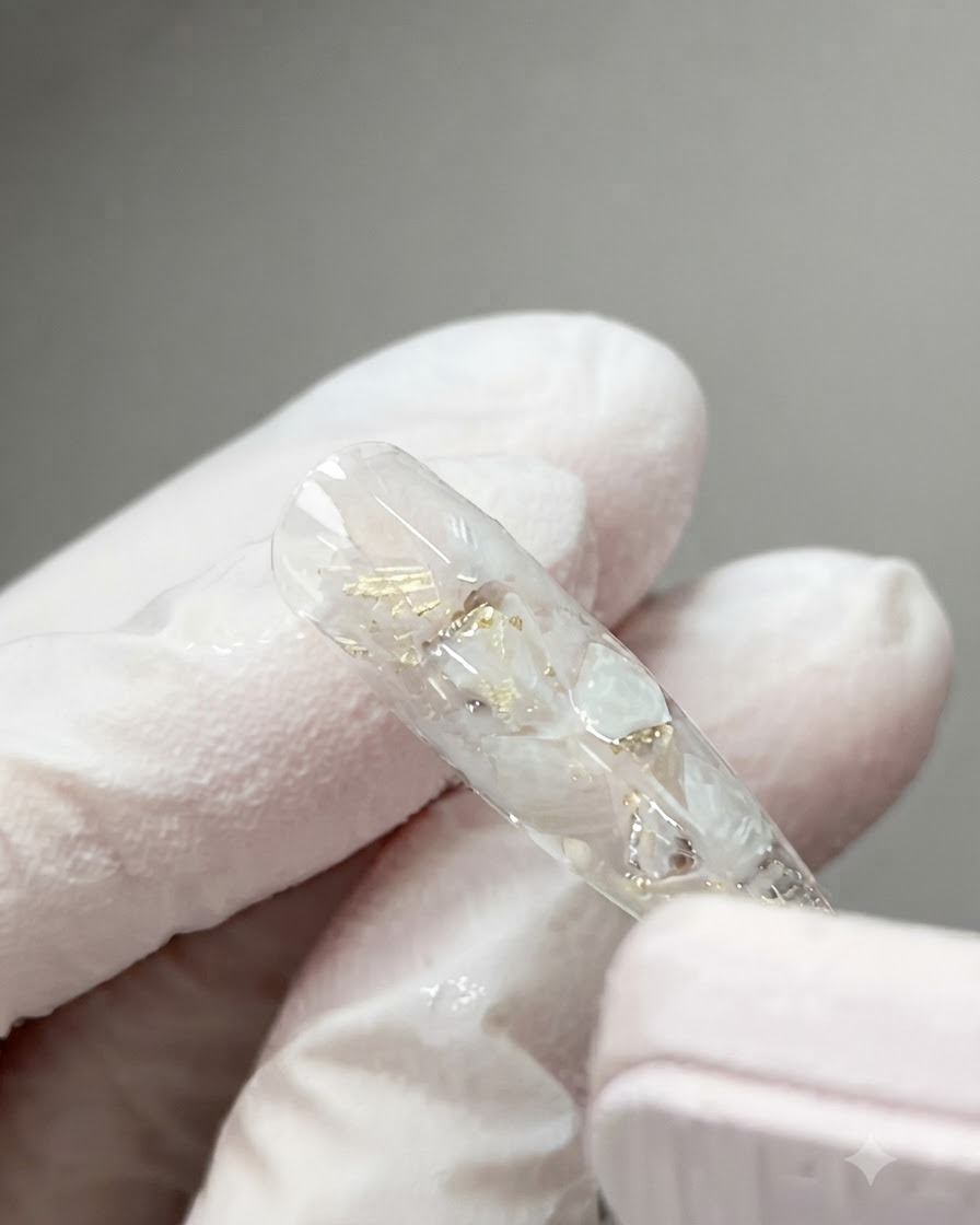 A close-up view of a completed transparent nail tip embedded with shell pieces and gold foil after curing.