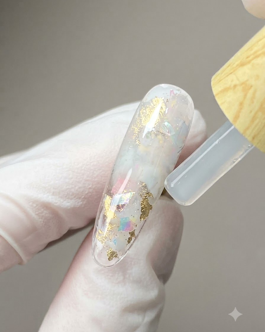 A brush applying a clear top coat onto a textured nail design filled with shell flakes and milky white effects.