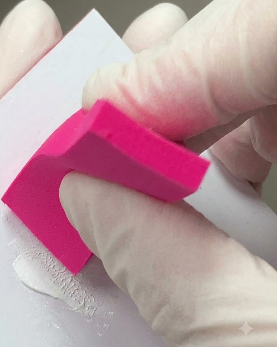 A gloved hand using a bright pink sponge pad to wipe down a surface during nail preparation.