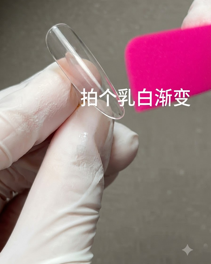 A clear nail display tip held by a gloved hand next to a pink sponge with Chinese text overlaid on the frame.