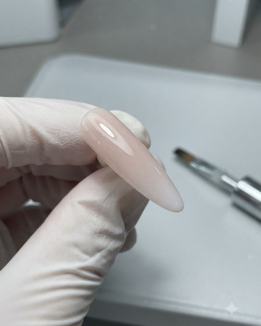 A close-up of a finished glossy neutral-toned almond nail tip held against a clean tabletop background.