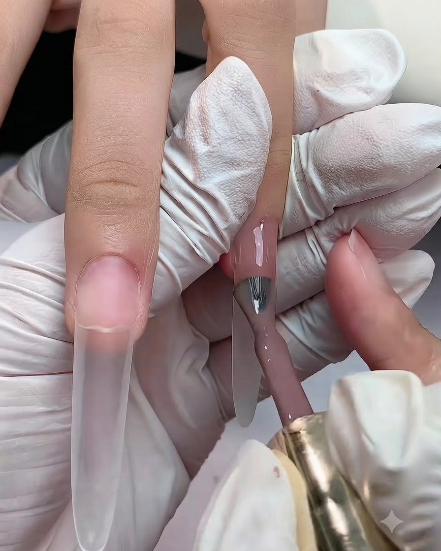 A bottled nail brush applying a light nude gel color onto the upper portion of a long extension nail near the cuticle.
