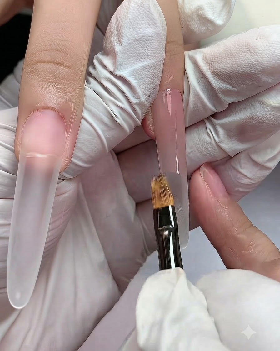 A flat gradient brush feathering the bottom edge of wet nude gel on a long extension nail.