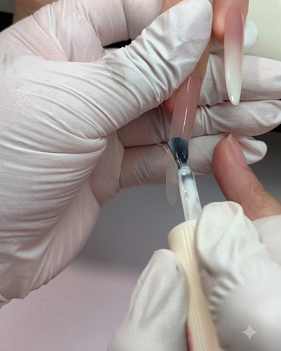 A brush applying milky white gel from the tip of a long extension nail upward toward the center.