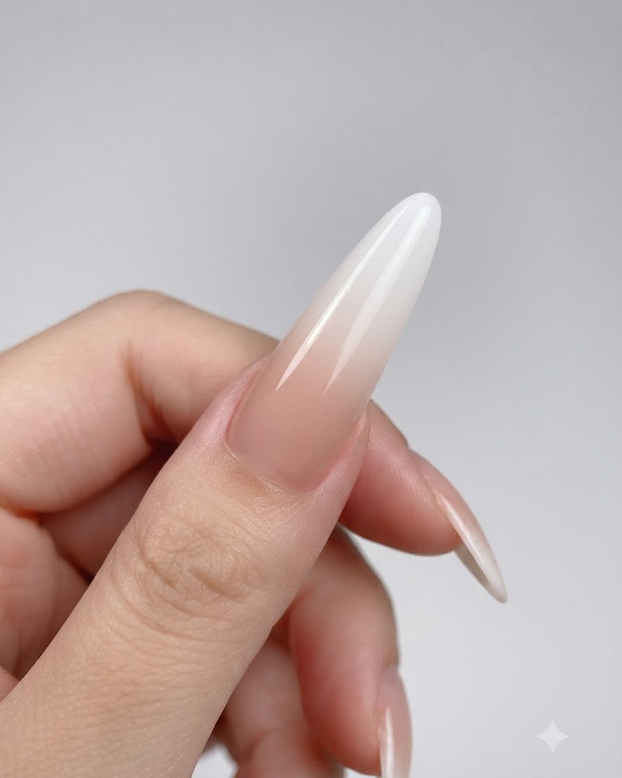A close-up holding a long extension nail showcasing a cured, smooth nude-to-white gradient finish.