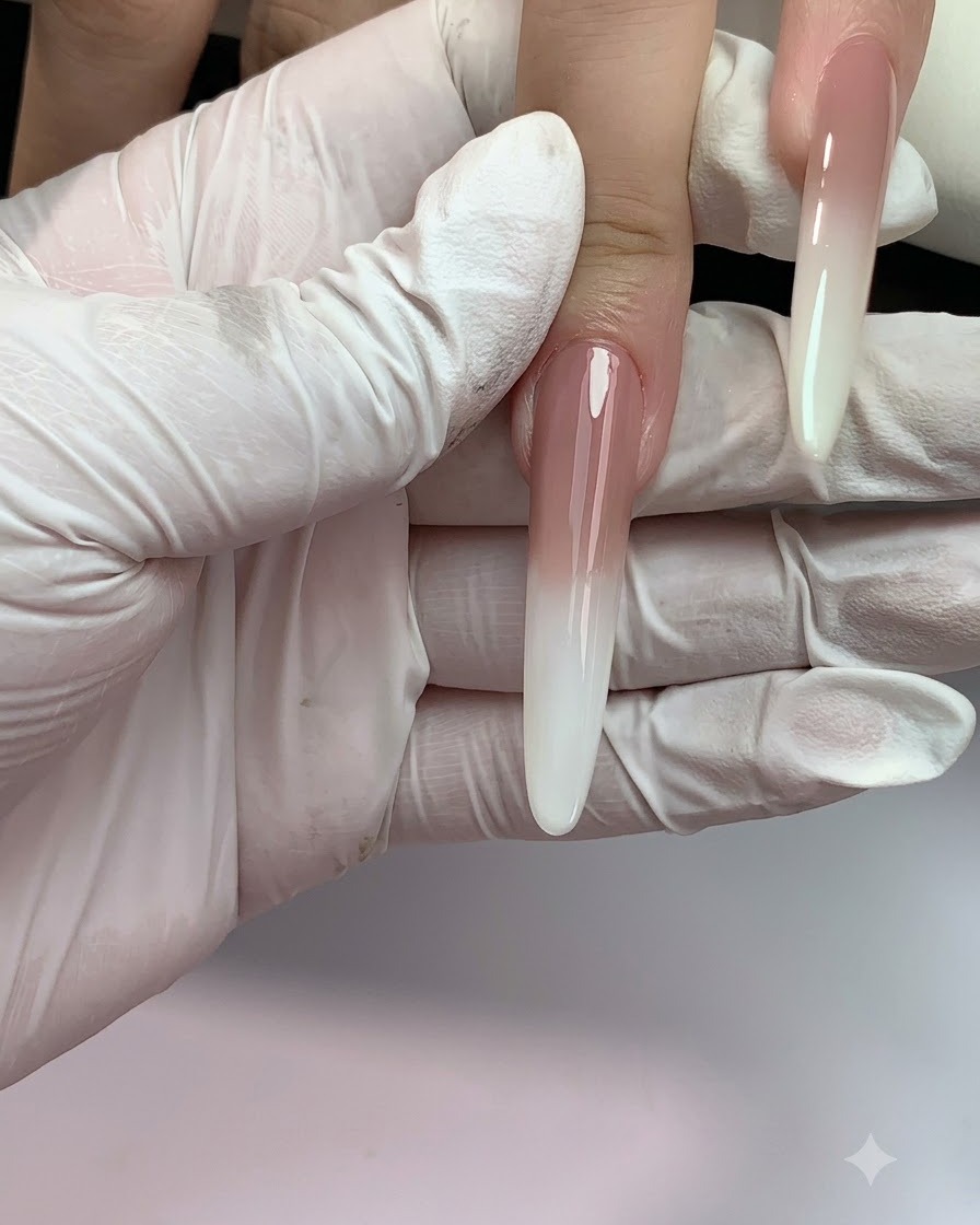 A close-up of a long nail receiving a second application of nude gel near the cuticle.