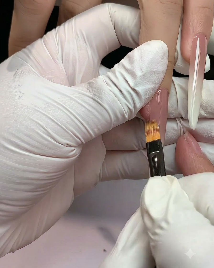 A flat gradient brush blending the nude gel downward on an extended nail.