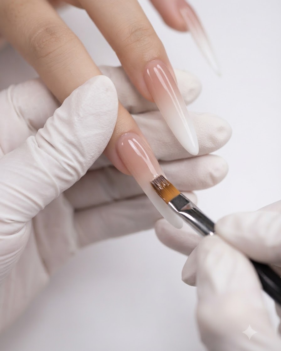 A brush applying a clear glossy top coat from cuticle to tip on a finished gradient nail.
