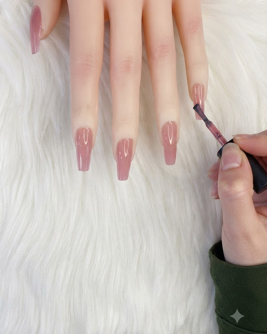 A nail brush applying a dab of milky white polish onto the tip of a pinkish nude nail.
