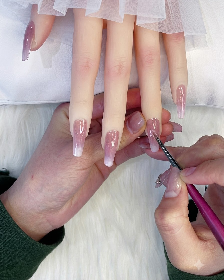 A fine brush applying clear adhesive gel onto the surface of the ring finger nail.