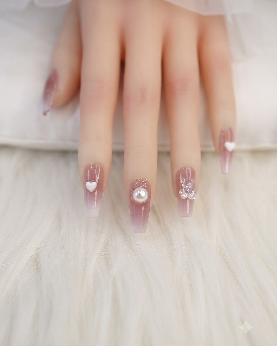 A close-up of a middle fingernail showing a clear drop of adhesive gel applied near the cuticle area.
