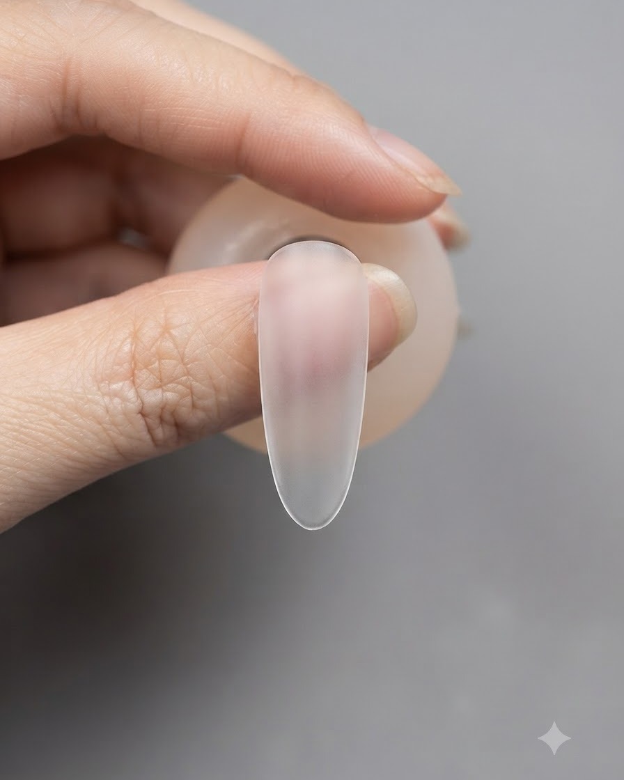 A close-up of a clear nail extension with a small dollop of clear builder gel in the center.