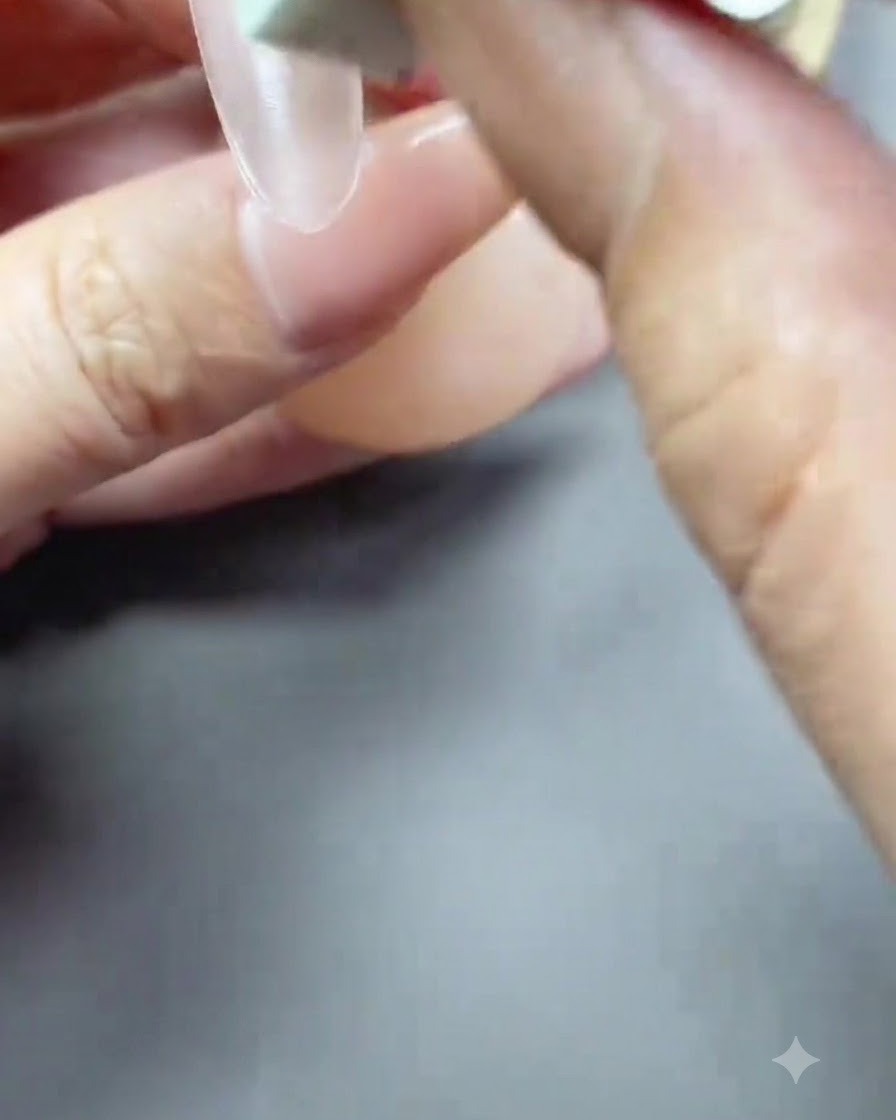 A brush applying a thin coat of sheer nude-pink gel polish over a nail extension.