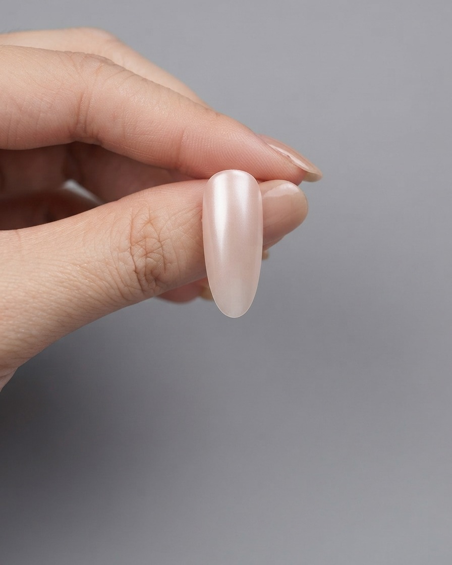 A nail extension coated with wet magnetic cat-eye gel polish showing a pearlescent sheen.