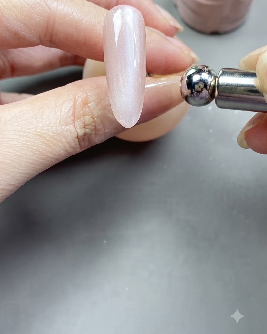 A metal ball magnet tool held near a cat-eye gel coated nail to shape the magnetic highlight.