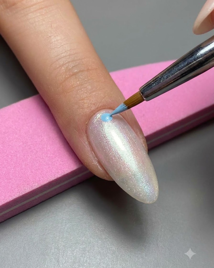 A fine liner brush applying a dot or stroke of light blue gel polish on a nail surface.
