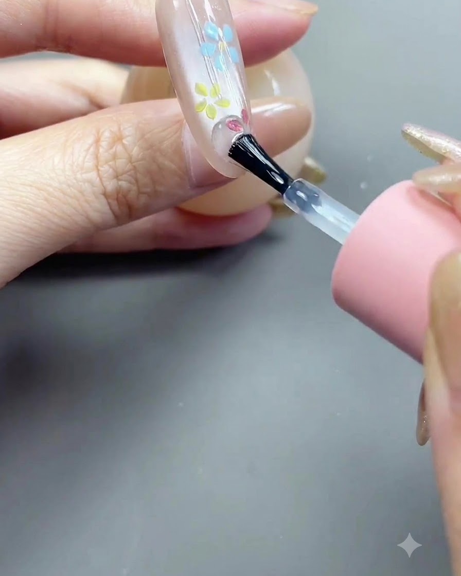 A brush applying a clear glossy top coat over the decorated nail surface.