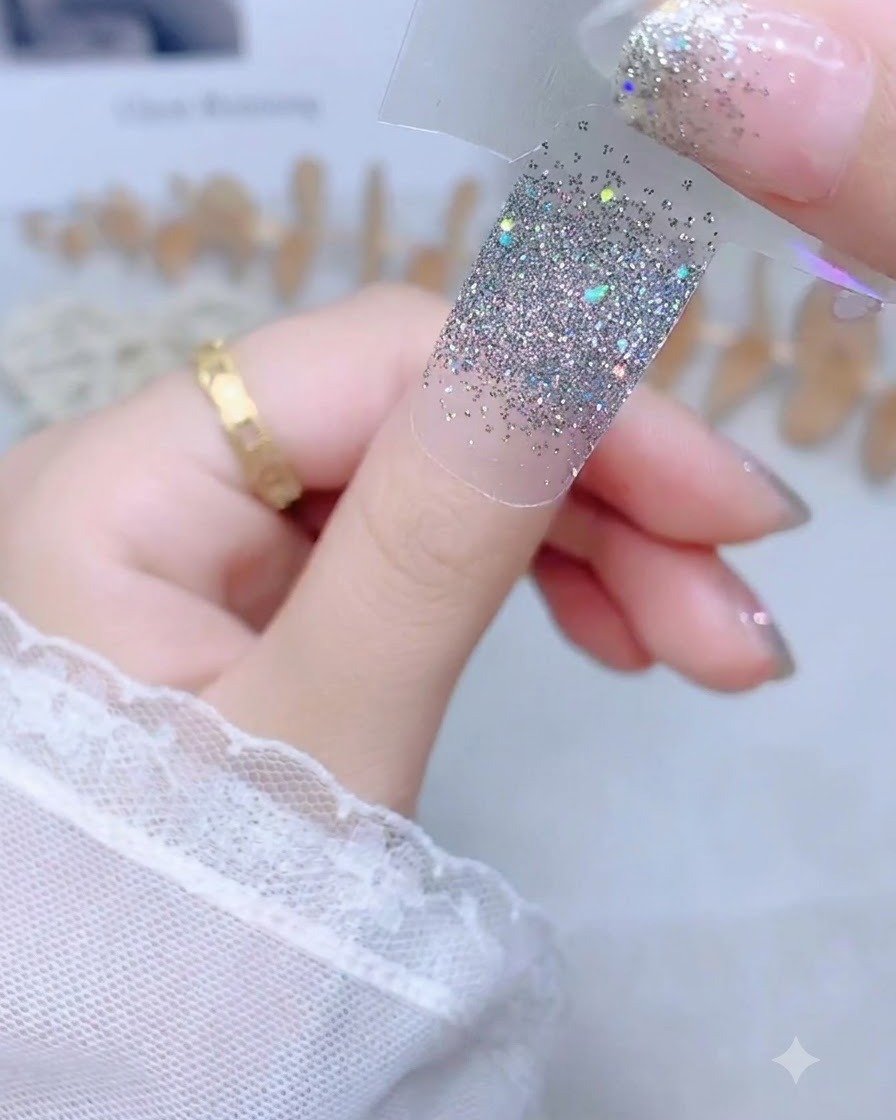 A hand holding a silver glitter nail sticker by a clear backing strip above a bare thumb nail.