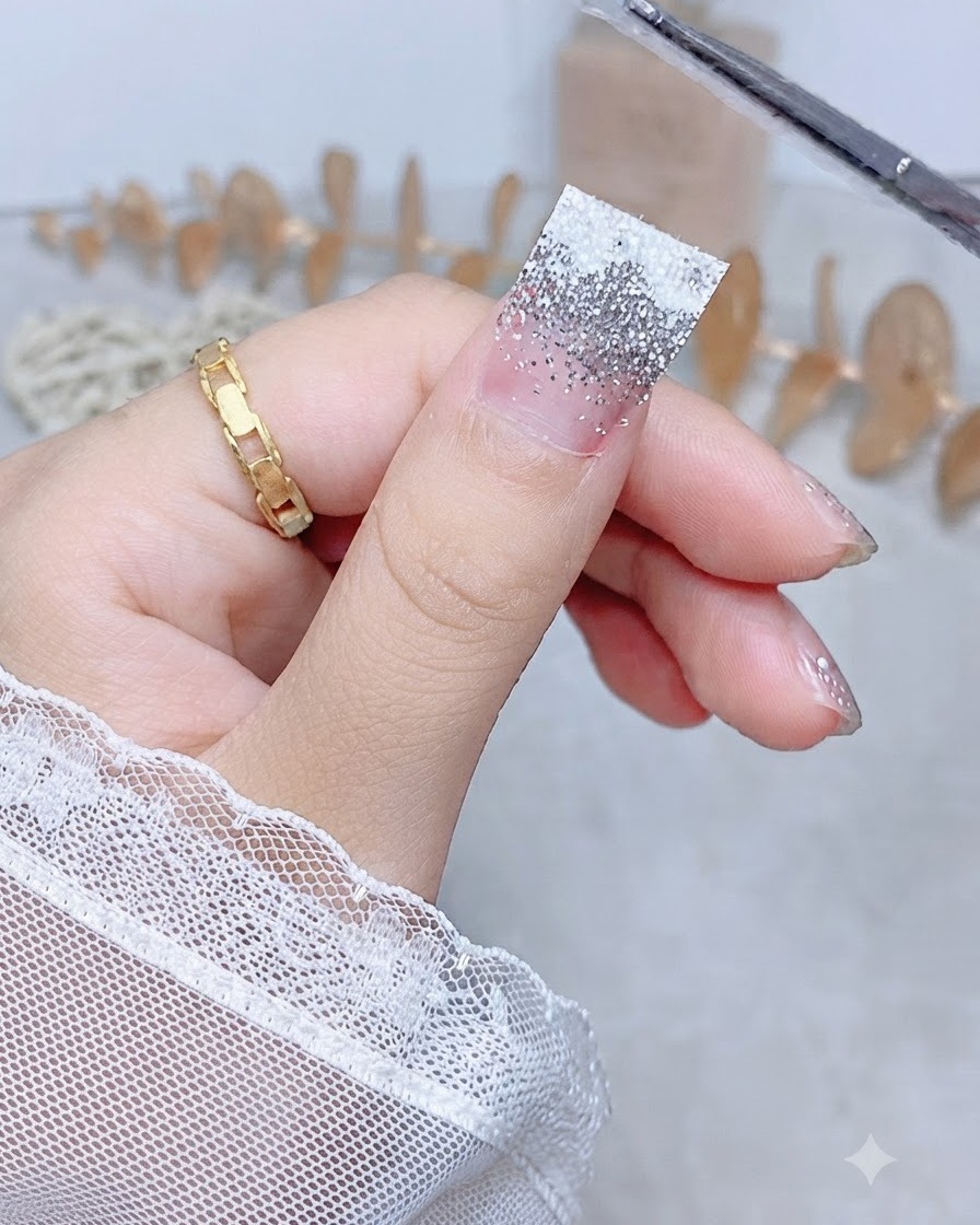 A close-up of a hand pressing down the side edge of a silver glitter gradient nail sticker to secure it flush against the nail.